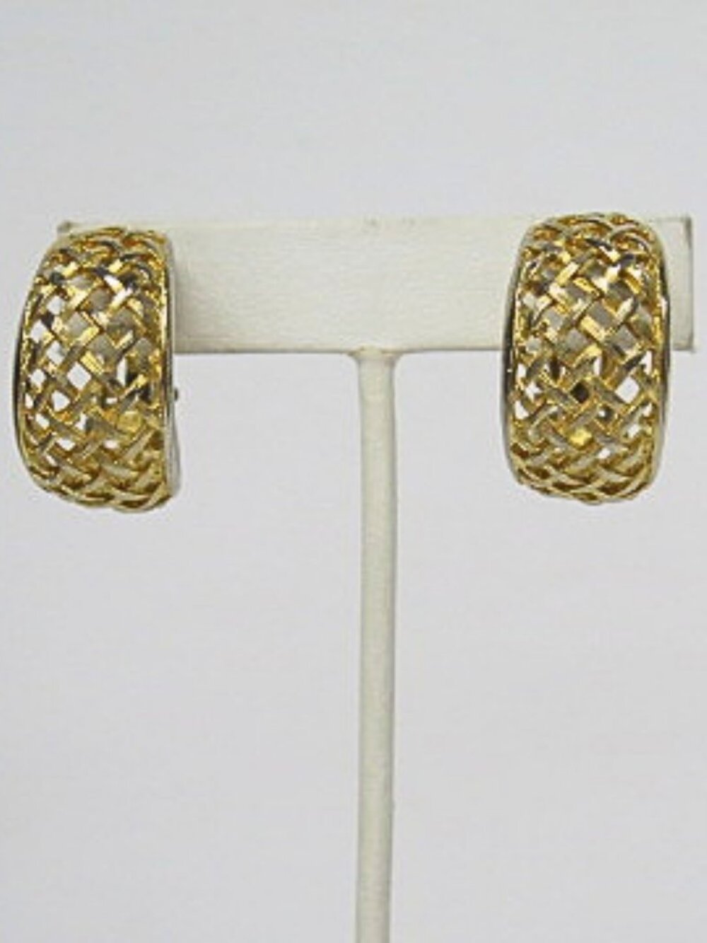 Vintage Gold Tone Basketweave Lattice Half Hoop Clip On Earrings